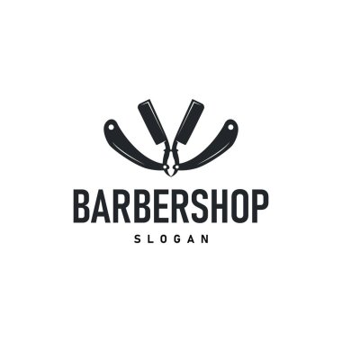 Berber dükkanı logosu, eski moda makas ve ustura kavramına sahip bir berber dükkanı konsepti ayrıca sembol tasvirinin havalı ve minimalist berber tüp ikonu.