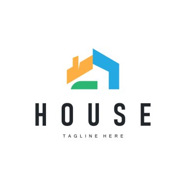 Bir ev binasının sembolü olarak basit bir modern minimalist konsepte sahip logo konsepti, bir ticari markanın mimari tasviri, ürün veya poster şablonu