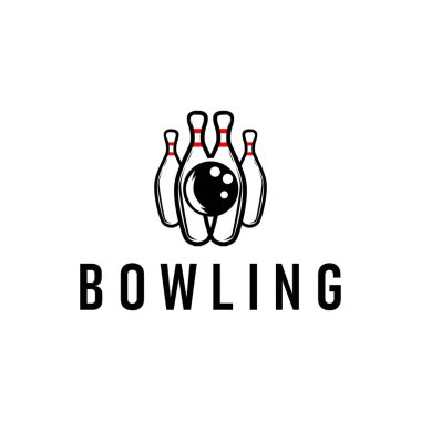 Bowling logolu spor dalı, basit minimalist siyah siluet bowling topu ve lobutları ile, vektör tasarım çizimi şablonu kadar serin
