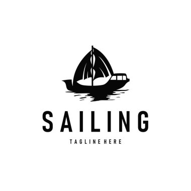 yelkenli logosu tasarımı, siyah siluet balıkçı teknesi konsepti, ayrıca basit bir tasarım şablonu da var.