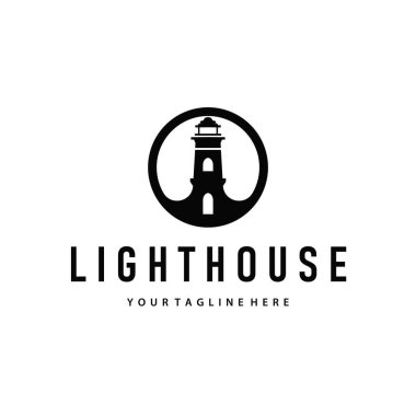 Liman gemisinin sembolü olarak yüksek kuleye sahip deniz feneri logosu konsepti, bir şablon tasarımının çizimi