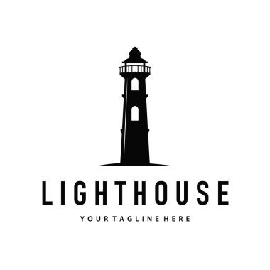Liman gemisinin sembolü olarak yüksek kuleye sahip deniz feneri logosu konsepti, bir şablon tasarımının çizimi