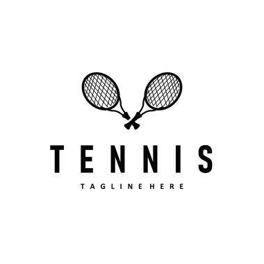 Tenis logosu tasarımı basit siyah siluet tenis sporu top ve tenis raketi tasarımı marka illüstrasyon şablonu için
