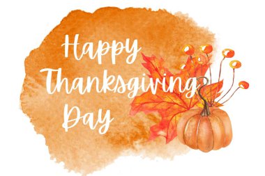 Sosyal medya için Şükran Günü tebrik kartın kutlu olsun. Portakal yaprağı, turuncu balkabağı ve beyaz arka planda biraz turuncu suluboya..