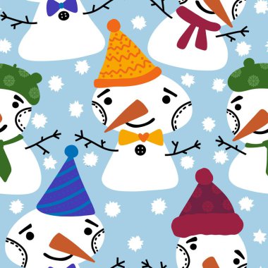 Noel kardan adam havuç, eşarp ve şapka desenli ambalaj kağıdı, Noel aksesuarları, çocuklar, kumaşlar, çarşaflar ve ambalajlar. Yüksek kaliteli illüstrasyon