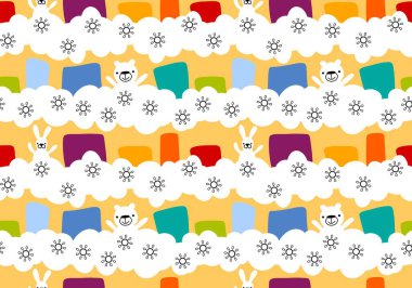 Çizgi film hayvanları ve bulutsuz ayılar ve tavşan desenli ambalaj kağıdı, kumaş, çarşaf ve çocuk giysileri baskısı ve anaokulu. Yüksek kaliteli illüstrasyon