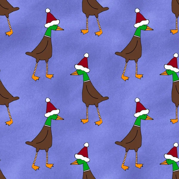 Winter festive cartoon seamless goose and Santa hat Christmas pattern for wrapping paper and Noel accessories and fabrics and linens and packaging and kids clothes print. High quality illustration