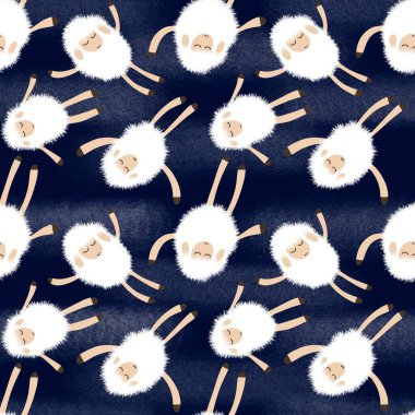 Çizgi filmlerdeki çiftlik hayvanları kağıt, kumaş, çarşaf, anaokulu, ambalaj ve çocuk giysisi baskısı için kusursuz uyuyan koyun desenleri. Yüksek kaliteli illüstrasyon