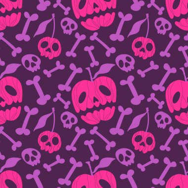 Cadılar Bayramı çizgi filmlerinde kağıt, kumaş, çarşaf, çocuk giysisi baskısı, ambalaj ve şenlikli tekstil için elmasız kafatası desenleri. Yüksek kaliteli illüstrasyon