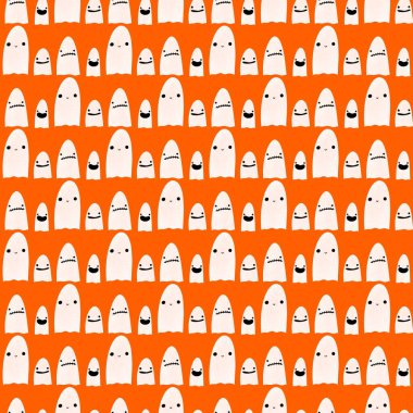 Cadılar Bayramı hayaletleri, ambalajsız kawaii desenli ambalaj kağıtları ve çocukların giysi baskıları, aksesuarlar, çarşaflar, kumaşlar ve hediye kutuları. Yüksek kaliteli illüstrasyon