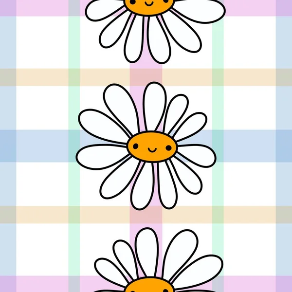 Cartoon Floral Face Seamless Kawaii Flower Daisy Stripes Ribbons Background — Stock Photo, Image