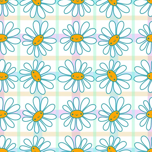 Cartoon Blumengesicht Nahtlose Kawaii Blume Gänseblümchen Und Streifen Bänder Hintergrundmuster — Stockfoto