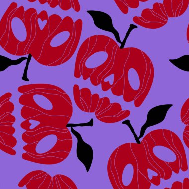 Cadılar Bayramı çizgi filmlerinde kağıt, kumaş, çarşaf, çocuk giysisi baskısı, ambalaj ve şenlikli tekstil için elmasız kafatası desenleri. Yüksek kaliteli illüstrasyon