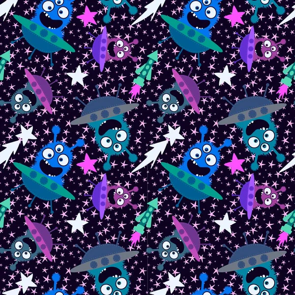 Cartoon Aliens Monsters Seamless Spaceship Stars Pattern Wrapping Paper Kids — Stock Photo, Image