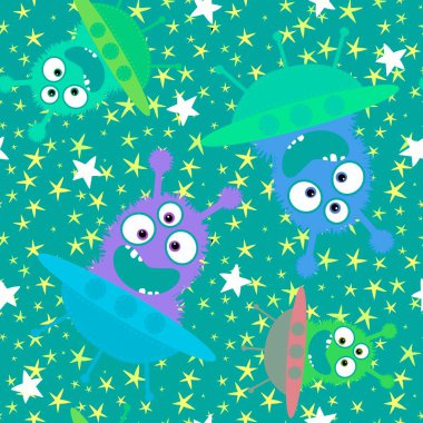 Çizgi filmlerdeki uzaylı canavarlar kusursuz uzay gemisi ve çocuk giysileri, kumaşlar, çarşaflar, anaokulu aksesuarları ve ambalajları için yıldız desenleri. Yüksek kaliteli illüstrasyon