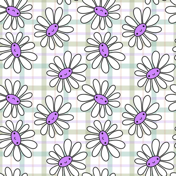 Cartoon Floral Face Seamless Kawaii Flower Daisy Stripes Ribbons Background — Stock Photo, Image
