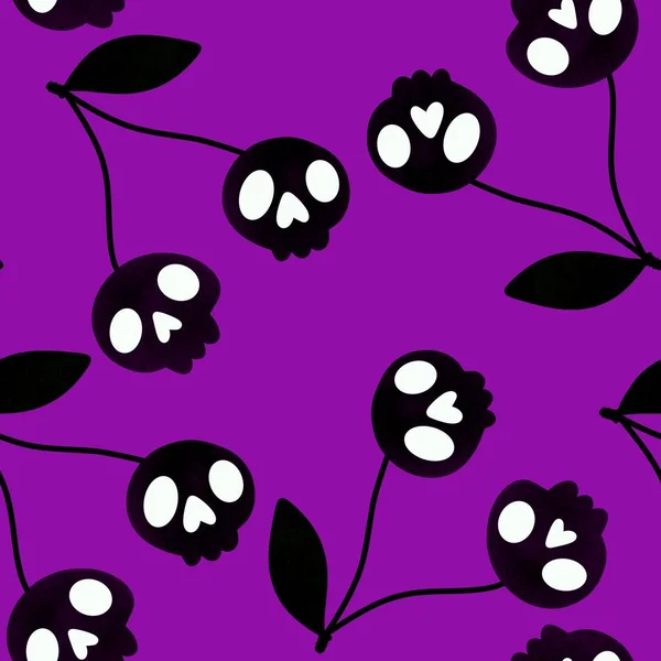 Halloween Fruit Cartoon Seamless Cherry Skulls Pattern Wrapping Paper Fabrics — Stock Photo, Image