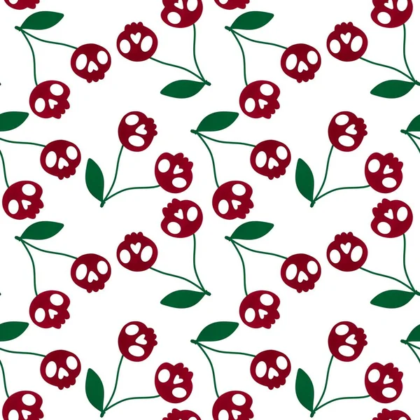 Cadılar Bayramı meyve karikatürleri kağıt, kumaş, çarşaf, ambalaj ve çocuk giysileri baskısı için dikişsiz kiraz kafatası deseni. Yüksek kaliteli illüstrasyon