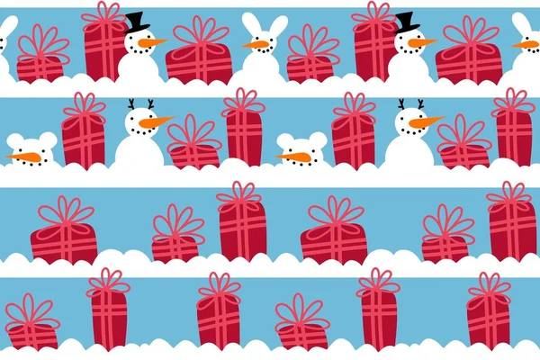 Christmas winter ice snow present seamless gift box and snowman pattern for wrapping paper and fabrics and linens and kids clothes and packaging. High quality illustration