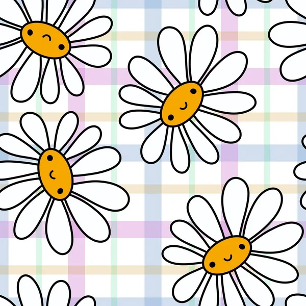 Cartoon Blumengesicht Nahtlose Kawaii Blume Gänseblümchen Und Streifen Bänder Hintergrundmuster — Stockfoto