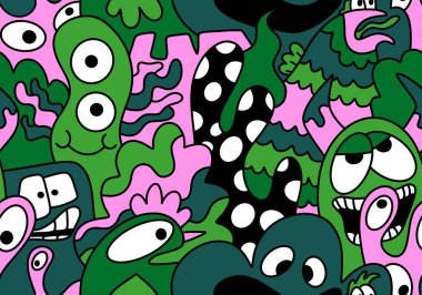 Çizgi film canavarları kusursuz uzaylılar ve hayvan desenli ambalajlar, kumaşlar ve çocuk kıyafetleri baskılar, çarşaflar ve ambalajlar. Yüksek kaliteli illüstrasyon