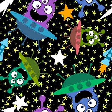 Çizgi filmlerdeki uzaylı canavarlar kusursuz uzay gemisi ve çocuk giysileri, kumaşlar, çarşaflar, anaokulu aksesuarları ve ambalajları için yıldız desenleri. Yüksek kaliteli illüstrasyon