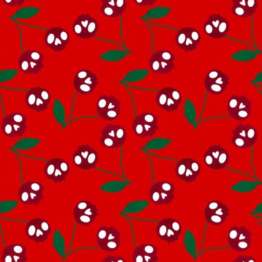 Cadılar Bayramı meyve karikatürleri kağıt, kumaş, çarşaf, ambalaj ve çocuk giysileri baskısı için dikişsiz kiraz kafatası deseni. Yüksek kaliteli illüstrasyon