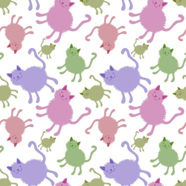 Çizgi filmlerdeki hayvanlar kağıt, kumaş, çarşaf, ambalaj ve çocuk giysisi baskısı için kusursuz kedi yavrusu desenleri. Yüksek kaliteli illüstrasyon