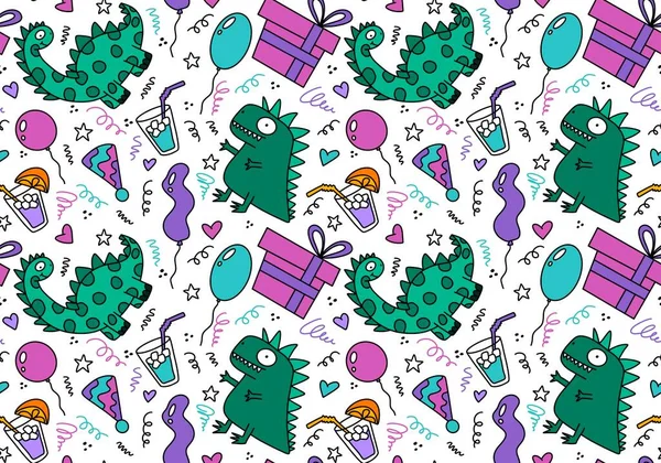 卡通节庆动物派对无缝恐龙怪物龙图案包装纸和织物 亚麻布和包装和孩子们的服装打印 高质量的例证 — 图库照片