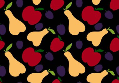 Çizgi film hasadı elmalar, armutlar ve erik desenleri kağıt, kumaş, çarşaf, ambalaj ve çocuk giysileri baskısı ve mutfak tekstili için. Yüksek kaliteli illüstrasyon