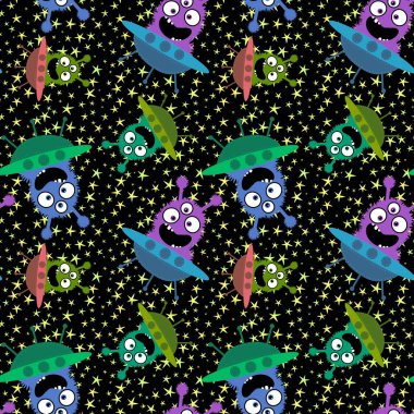 Çizgi filmlerdeki uzaylı canavarlar kusursuz uzay gemisi ve çocuk giysileri, kumaşlar, çarşaflar, anaokulu aksesuarları ve ambalajları için yıldız desenleri. Yüksek kaliteli illüstrasyon