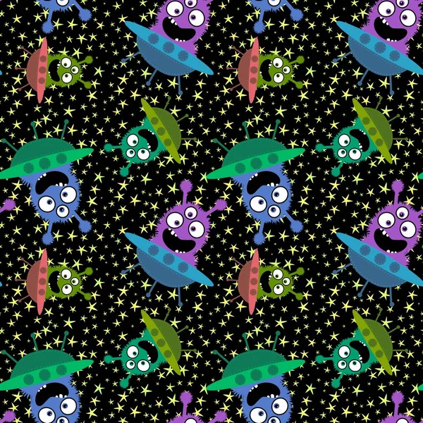 Cartoon Aliens Monsters Seamless Spaceship Stars Pattern Wrapping Paper Kids — Stock Photo, Image