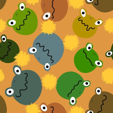 Çizgi filmlerdeki kusursuz kurbağa desenleri kağıt, kumaş, çarşaf ve çocuk giysileri baskısı ve ambalaj için. Yüksek kaliteli illüstrasyon