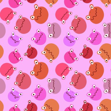 Çizgi filmlerdeki kusursuz kurbağa desenleri kağıt, kumaş, çarşaf ve çocuk giysileri baskısı ve ambalaj için. Yüksek kaliteli illüstrasyon