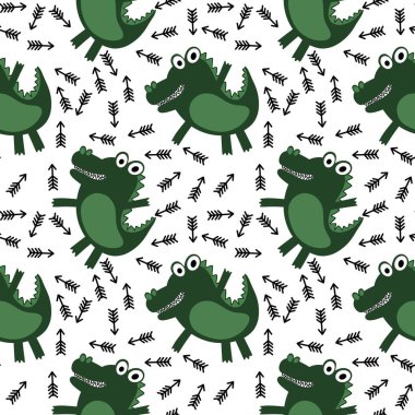 Hayvanlar çizgi filminde, kağıt, kumaş, çarşaf, ambalaj ve çocuk giysisi baskısı için kusursuz timsah dinozor desenli dinozor desenleri. Yüksek kaliteli illüstrasyon