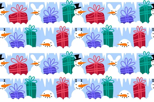 Christmas winter ice snow present seamless gift box and snowman pattern for wrapping paper and fabrics and linens and kids clothes and packaging. High quality illustration