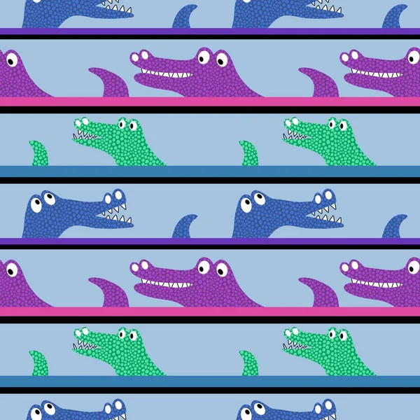 卡通动物无缝鳄鱼龙恐龙怪物图案用于包装纸和织物 儿童服装印花和夏季配件 高质量的例证 — 图库照片