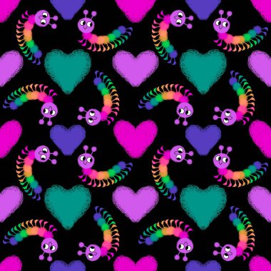 Çizgi filmlerdeki hayvanlar kağıt, kumaş, çarşaf, çocuk giysisi baskısı, yaz aksesuarları ve anaokulu için kusursuz tırtıl desenleri. Yüksek kaliteli illüstrasyon