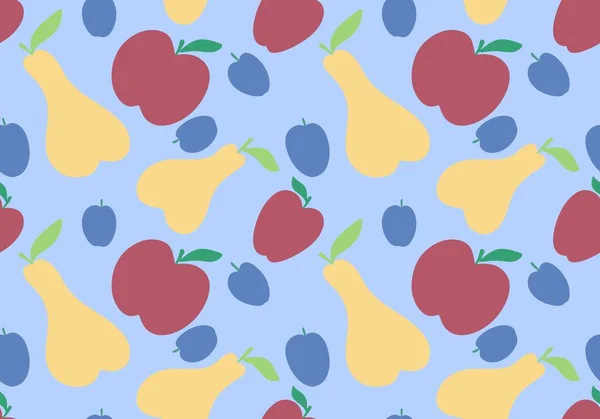 卡通水果收获无缝苹果 梨和李子图案 用于包装纸 亚麻布 儿童服装印刷和厨房纺织品 高质量的例证 — 图库照片