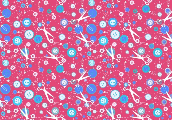 Cartoon sewing seamless buttons and scissors and pins pattern for wrapping paper and fabrics and linens and hobbies accessories and kids clothes print. High quality illustration