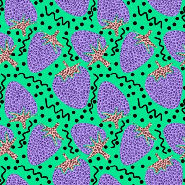 Karikatür meyveli puantiyeli kumaşlar ve çarşaflar için dikişsiz çilek desenleri ve ambalaj kağıdı ve çocuk giysileri baskısı ve ambalaj ve mayo tekstili ve mutfak. Yüksek kaliteli illüstrasyon