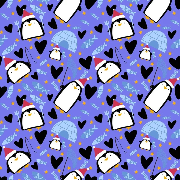 Зимние Животные Бесшовные Пингвины Мультфильм Kawaii Рождественская Рыба Узор Упаковки — стоковое фото