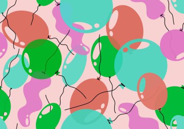 Karikatürlerde ambalaj kağıtları, kumaşlar, çarşaflar, doğum günü paketleri ve çocuk giysileri baskısı için şenlikli, dikişsiz balonlar. Yüksek kaliteli illüstrasyon