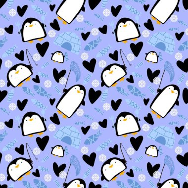 Kış hayvanları, karikatürsüz penguen çizgi filmi Kawaii Noel balık desenli ambalaj kağıdı ve çocuk giysileri baskısı, kumaşlar, çarşaflar ve Noel ambalajı. Yüksek kaliteli illüstrasyon