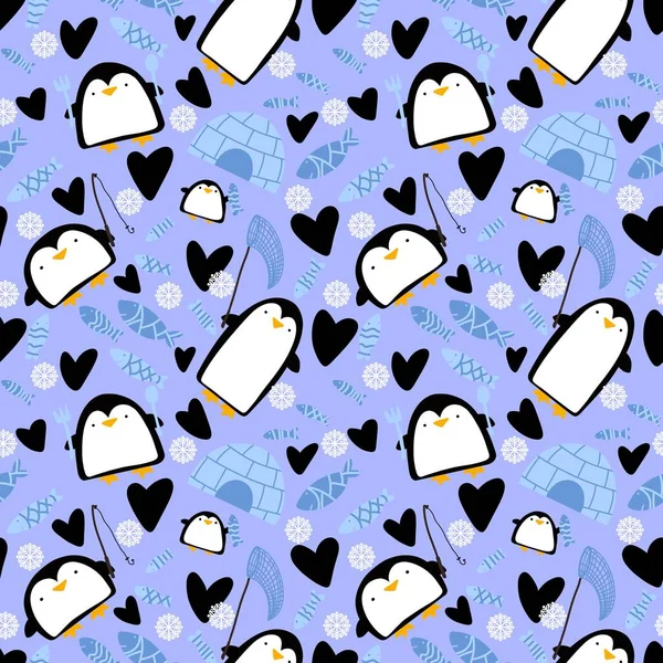 Invierno Animales Sin Costuras Pingüino Dibujos Animados Kawaii Patrón Pescado — Foto de Stock