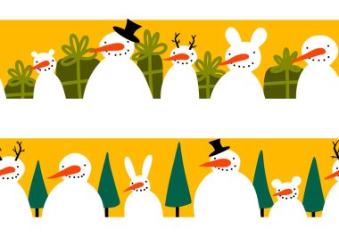 Noel ambalajı için kışın dikişsiz kardan adam ve kar taneleri deseni ve çocukların not defterleri, aksesuarları ve kumaşları. Yüksek kaliteli illüstrasyon