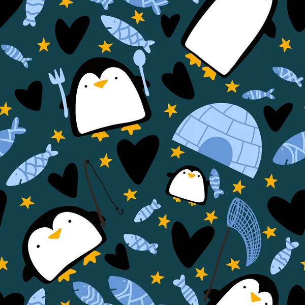 Animais Inverno Sem Costura Pinguim Desenho Animado Kawaii Padrão Peixe — Fotografia de Stock