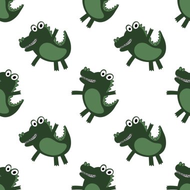 Hayvanlar çizgi filminde, kağıt, kumaş, çarşaf, ambalaj ve çocuk giysisi baskısı için kusursuz timsah dinozor desenli dinozor desenleri. Yüksek kaliteli illüstrasyon