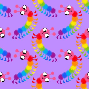 Çizgi filmlerdeki hayvanlar kağıt, kumaş, çarşaf, çocuk giysisi baskısı, yaz aksesuarları ve anaokulu için kusursuz tırtıl desenleri. Yüksek kaliteli illüstrasyon