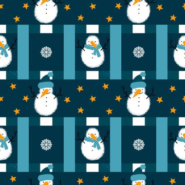 Winter seamless snowman and snowflakes pattern for Christmas wrapping paper and kids notebooks and accessories and fabrics. High quality illustration